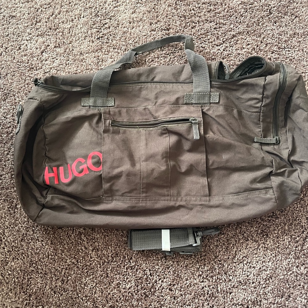 HUGO Dark Brown Duffel Bag with Red Accent